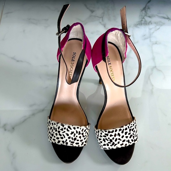 💖 BUY 2 for $15 💖 Sole Society High Heeled Sandals Fuschia/Brown/Leopard print - Picture 2 of 5